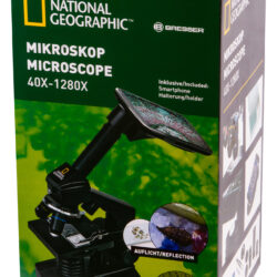 Opakowanie mikroskopu National Geographic Bresser 40x-1280x z uchwytem na smartfon.
