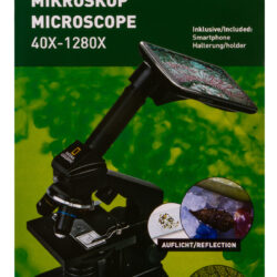 Mikroskop National Geographic 40x-1280x z uchwytem na smartfon i przykładami obrazów w świetle odbitym i przechodzącym.