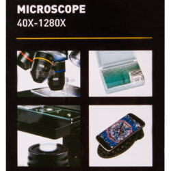 Opakowanie mikroskopu National Geographic 40x-1280x firmy Bresser z akcesoriami i próbkami.