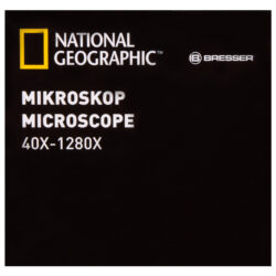 Logo National Geographic i Bresser na opakowaniu mikroskopu o powiększeniu 40x-1280x.