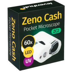 Opakowanie mikroskopu kieszonkowego Levenhuk Zeno Cash ZC2 z powiększeniem 60x, podświetleniem LED i funkcją UV.