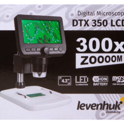 Mikroskop cyfrowy Levenhuk DTX 350 LCD z powiększeniem 300x, ekranem 4,3 cala, oświetleniem LED i baterią litowo-jonową.
