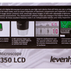 Mikroskop cyfrowy Levenhuk DTX 350 LCD z opisem funkcji i możliwości pomiarowych.