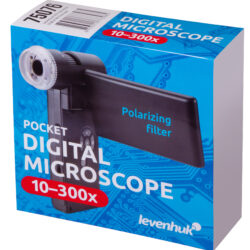 Pudełko mikroskopu cyfrowego Levenhuk DTX 700 Mobi z powiększeniem 10–300x i filtrem polaryzacyjnym.