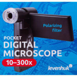 Cyfrowy mikroskop kieszonkowy Levenhuk z filtrem polaryzacyjnym i powiększeniem 10–300x.