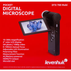Opakowanie kieszonkowego mikroskopu cyfrowego Levenhuk DTX 700 Mobi z listą jego specyfikacji technicznych.