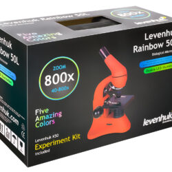 Opakowanie mikroskopu biologicznego Levenhuk Rainbow 50L z zestawem eksperymentalnym K50 i 800-krotnym zoomem.