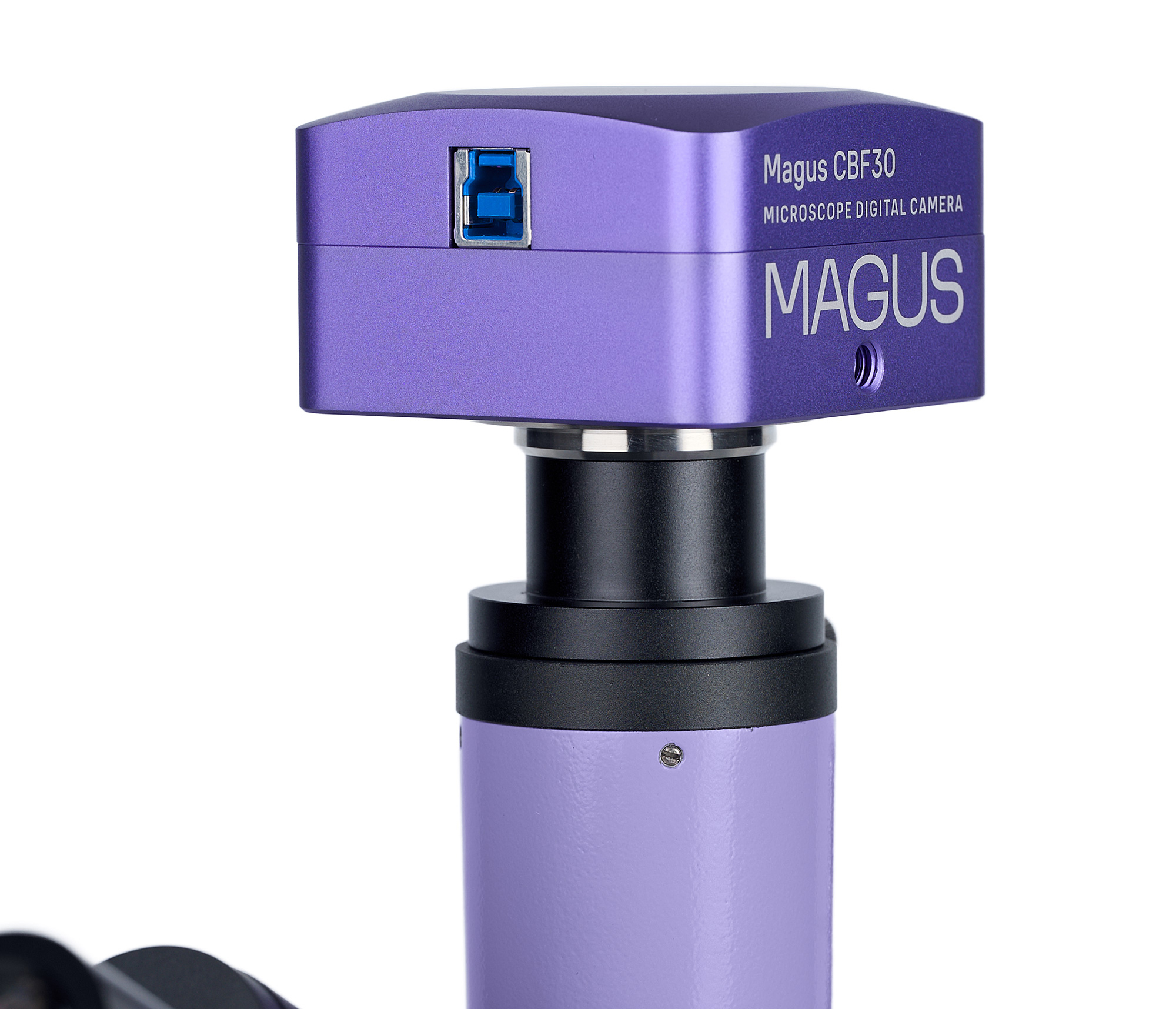Kamera cyfrowa do mikroskopu Magus CBF30 z fioletową obudową i złączem USB.