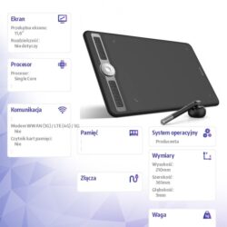 Tablet graficzny BOSTO T1060 z piórkiem i specyfikacją techniczną urządzenia.