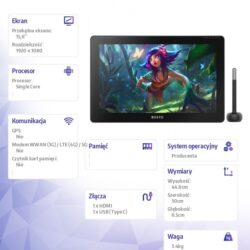 Specyfikacja techniczna tabletu graficznego BOSTO BT-16HD z ekranem 15,6 cala i listą parametrów.