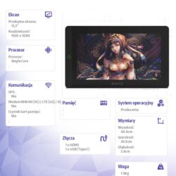 Specyfikacja techniczna tabletu graficznego BOSTO BT-13HDK-T z listą parametrów ekranu, procesora, wymiarów i złączy.