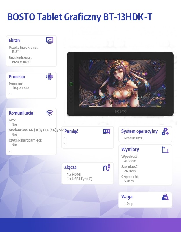 Tablet graficzny 13-HDKT 1920x1080 FHD 13,3 9 Tablet graficzny 13-HDKT 1920x1080 FHD 13,3 -