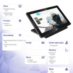 Tablet graficzny BOSTO BT-16HDT z wypunktowaną specyfikacją techniczną: ekran 15,6", rozdzielczość 1920x1080, złącza HDMI i USB.