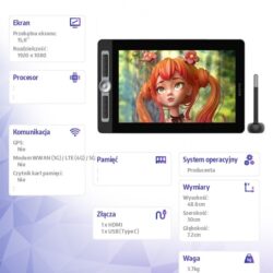 909842_1865782 Specyfikacja techniczna tabletu graficznego BOSTO BT-16HD Pro z listą parametrów oraz rysunkiem urządzenia.
