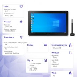 910118_1866096 Specyfikacja techniczna tabletu graficznego Bosto Studio 16HDT z wypisanymi parametrami ekranu, procesora, złączy i wymiarów.