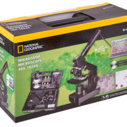 Opakowanie mikroskopu National Geographic 40x-1024x z zestawem akcesoriów i możliwością podłączenia do komputera przez USB.