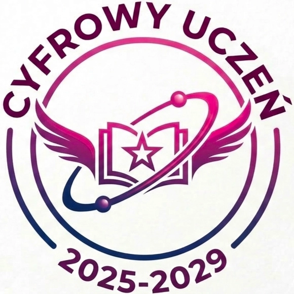 Logo programu Cyfrowy Uczeń 2025-2029 z symbolem otwartej książki ze skrzydłami i gwiazdą w okręgu.