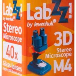 Opakowanie mikroskopu stereoskopowego 3D LabZZ M4 marki Levenhuk z powiększeniem 40x i szklanymi soczewkami.