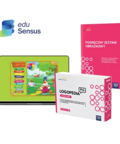 Zestaw edukacyjny Logopedia Pro od eduSensus: laptop z grą, pudełko z oprogramowaniem i podręczny zestaw obrazkowy.