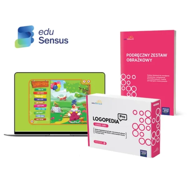 Zestaw edukacyjny Logopedia Pro od eduSensus: laptop z grą, pudełko z oprogramowaniem i podręczny zestaw obrazkowy.