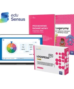 Zestaw logopedyczny EduSensus Logopedia Pro Gold: oprogramowanie na laptopie, książki i materiały do terapii mowy dzieci.