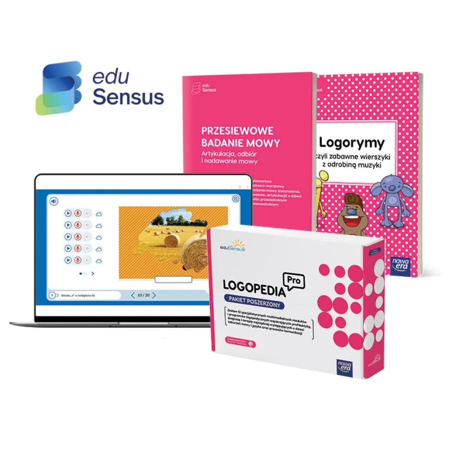 Zestaw materiałów edukacyjnych Logopedia Pro, oprogramowanie na laptopie oraz książki do ćwiczeń wymowy od eduSensus.