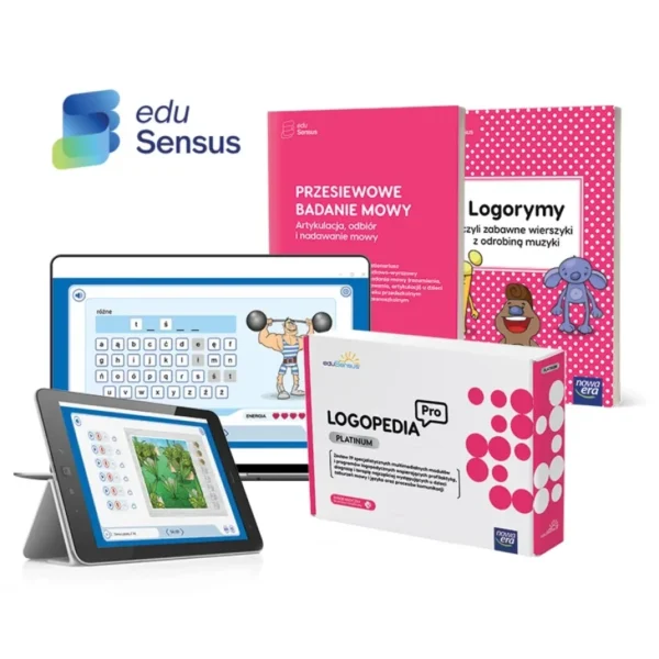 Materiały edukacyjne Logopedia Pro Platinum marki eduSensus: oprogramowanie multimedialne na tablet i książki logopedyczne.