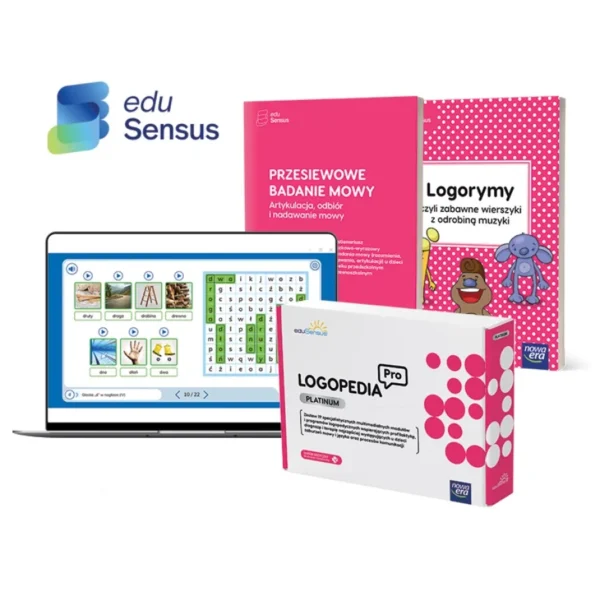 Zestaw multimedialny Logopedia Pro Platinum marki eduSensus z podręcznikami do badania mowy i logorytmami.