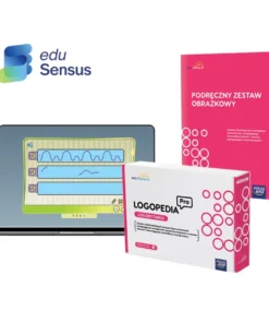 Zestaw edukacyjny Logopedia Pro Logorytmika oraz Podręczny zestaw obrazkowy EduSensus na laptopie.