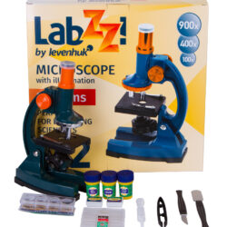Mikroskop dla dzieci Levenhuk LabZZ z zestawem akcesoriów laboratoryjnych.