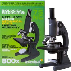 Mikroskop biologiczny Levenhuk 7S NG z metalowym korpusem i powiększeniem do 800x wraz z opakowaniem.