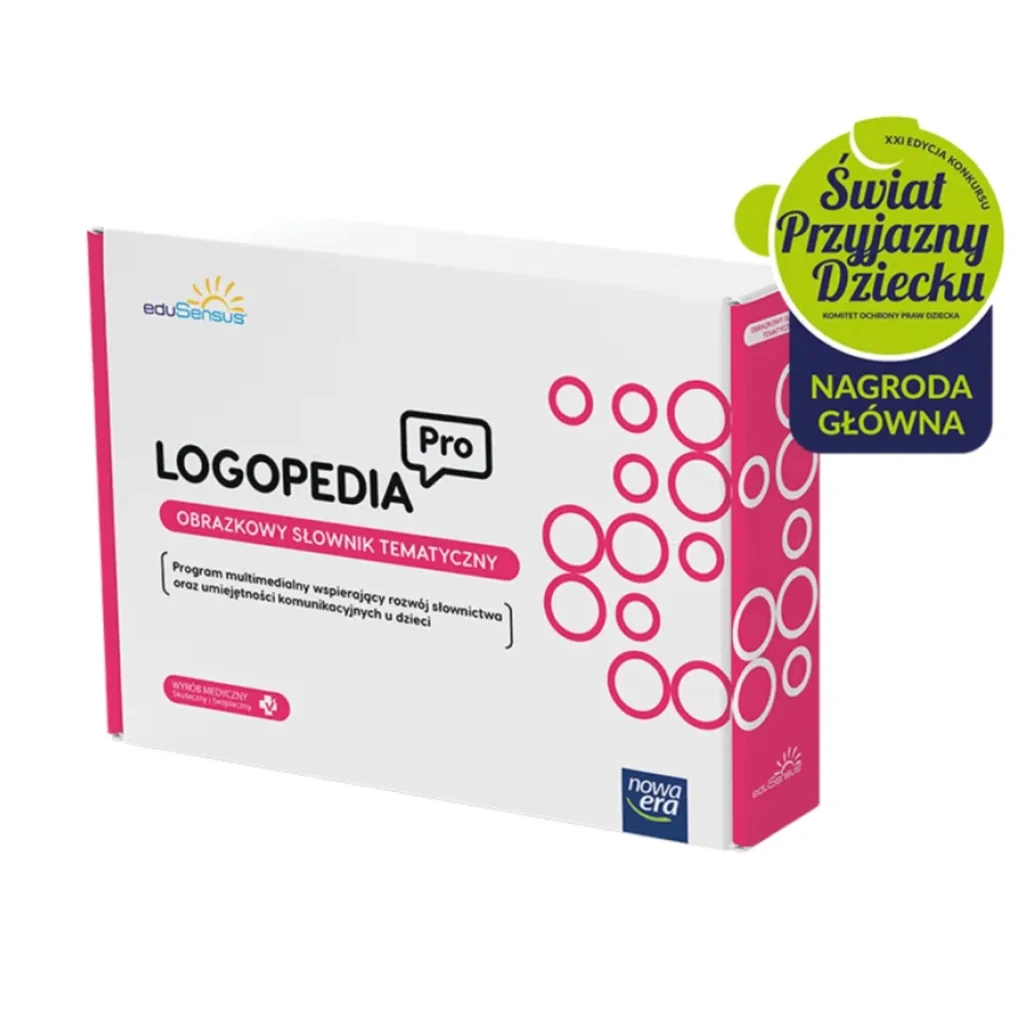 Opakowanie programu multimedialnego Logopedia Pro z nagrodą Świat Przyjazny Dziecku.