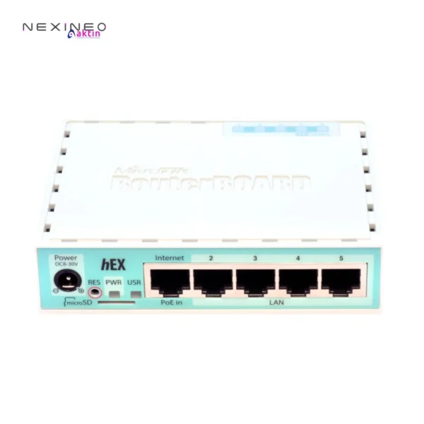 Router MikroTik hEX z pięcioma portami Ethernet i gniazdem zasilania.