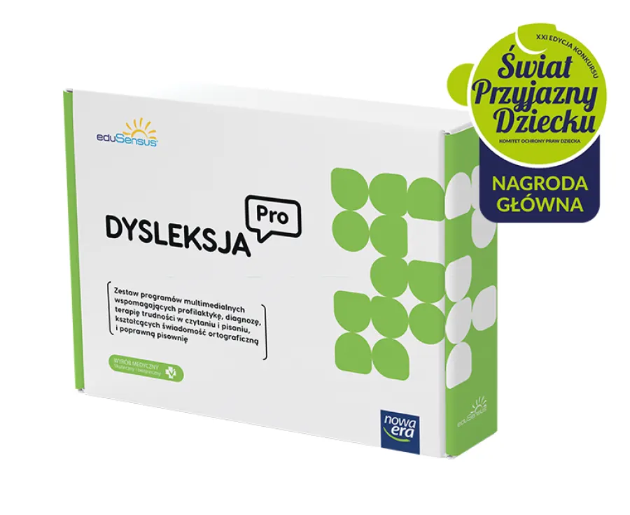 Opakowanie programu multimedialnego Dysleksja Pro nagrodzonego w konkursie Świat Przyjazny Dziecku.