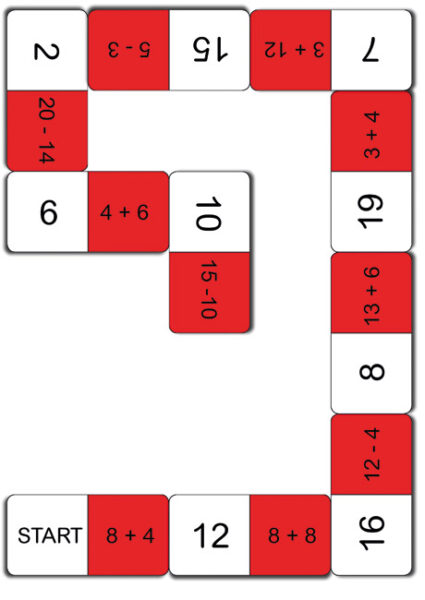Gra edukacyjna typu domino z działaniami matematycznymi, rozpoczynająca się od pola START.