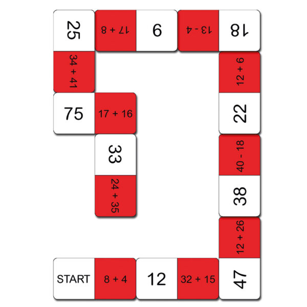 Gra edukacyjna domino matematyczne z działaniami i wynikami, ułożona w ścieżkę zaczynającą się od pola „START”.