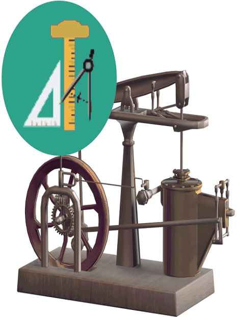 Model silnika parowego z ikoną przyborów kreślarskich w tle.