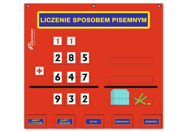 Plansza edukacyjna „Liczenie sposobem pisemnym” z polami na cyfry, działania i ilustracje setek, dziesiątek oraz jedności.