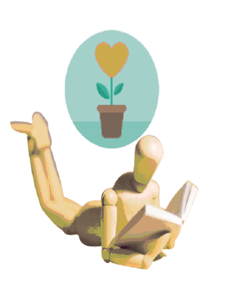 Drewniany manekin leżący na brzuchu i czytający książkę pod ikoną rośliny w kształcie serca.