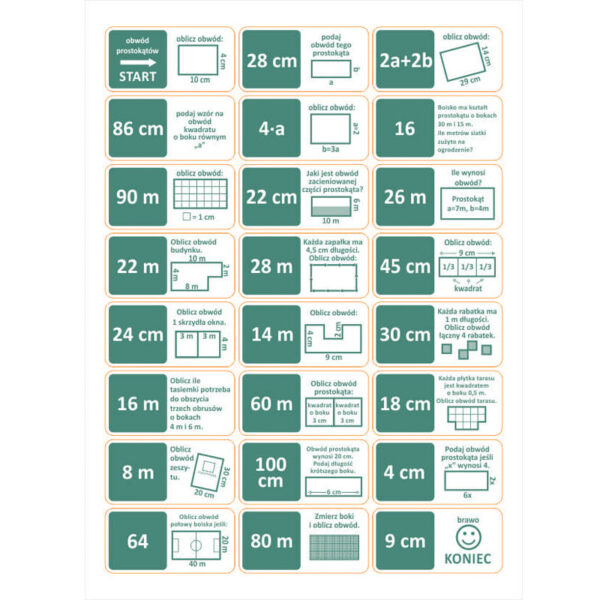 Gra edukacyjna z zadaniami matematycznymi dotyczącymi obliczania obwodów figur geometrycznych.