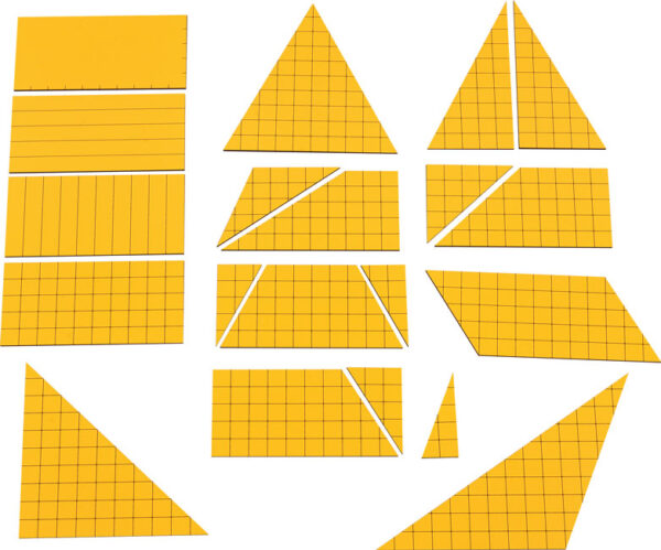 Zestaw geometrycznych figur matematycznych w kolorze żółtym z nadrukowaną siatką kwadratów.