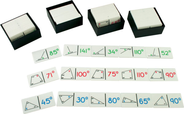 Karty edukacyjne do nauki geometrii z zadaniami na obliczanie kątów w figurach geometrycznych.
