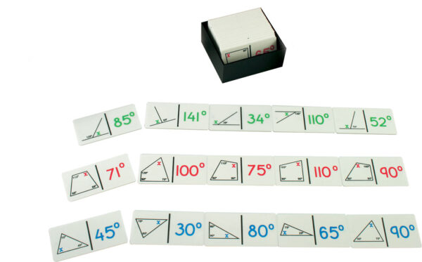 Gra edukacyjna domino z zadaniami matematycznymi do obliczania miar kątów w figurach geometrycznych.