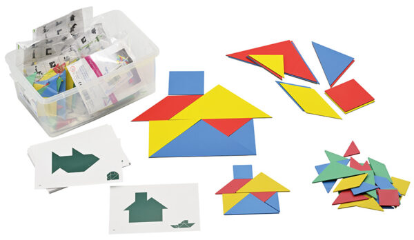 Zestaw kolorowych klocków tangram z plastikowym pudełkiem i kartami wzorów.
