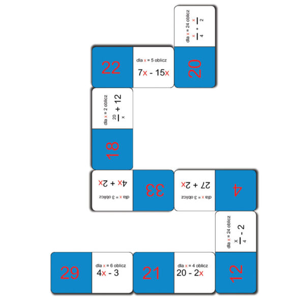 Gra matematyczna typu domino z działaniami algebraicznymi i wynikami liczbowymi.