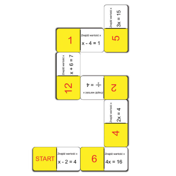 Dydaktyczna gra domino z równaniami matematycznymi typu "Znajdź wartość x" do rozwiązania.