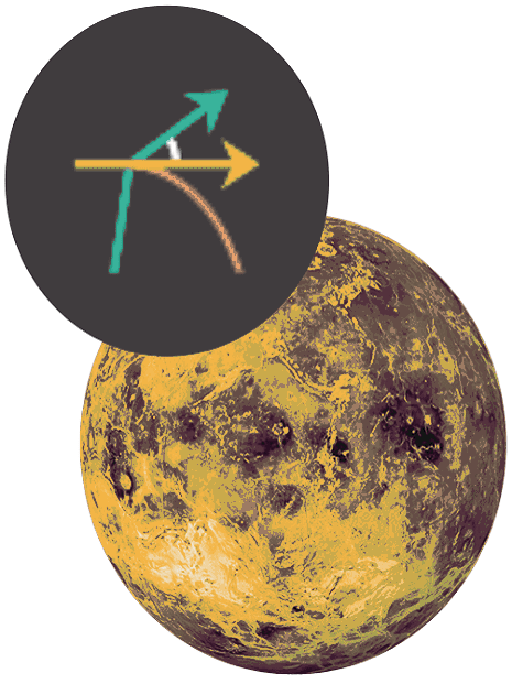 Planeta Wenus z ikoną trajektorii orbitalnej w lewym górnym rogu.