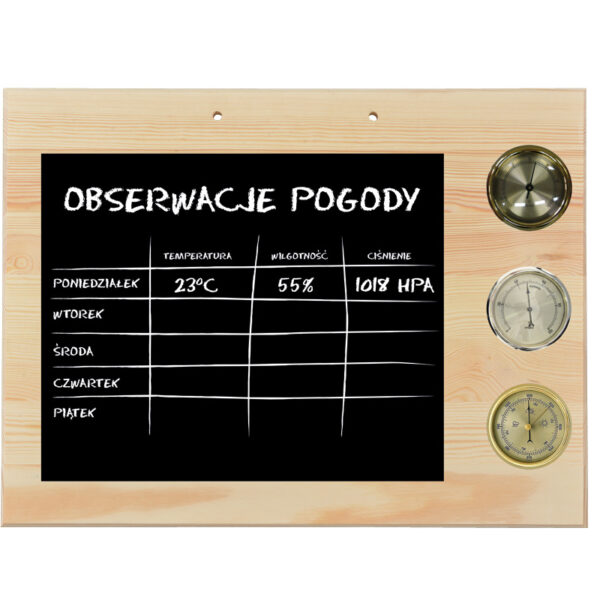 Drewniana tablica do obserwacji pogody z tabelą na notatki i trzema analogowymi przyrządami pomiarowymi.