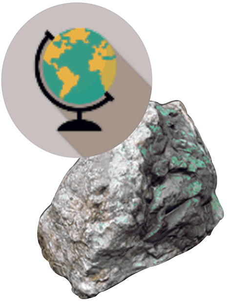 Duży szary kamień i ikona kuli ziemskiej na podstawce.