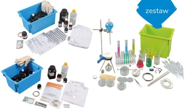 Zestaw edukacyjny do eksperymentów chemicznych: odczynniki, naczynia laboratoryjne, statyw, okulary ochronne i fartuch.